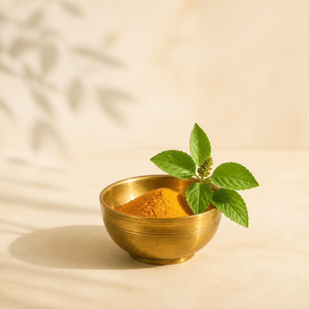 Brass bowl of turmeric powder with fresh tulsi leaves on warm ivory